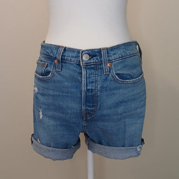 Levi's Wedgie Stretch Denim Shorts Distressed Blue Size 28 - Picture 2 of 6